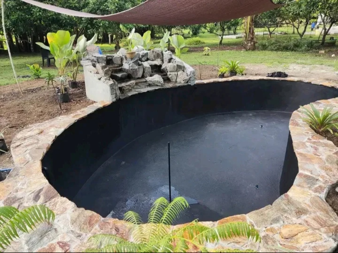 Freeform pool shell during construction